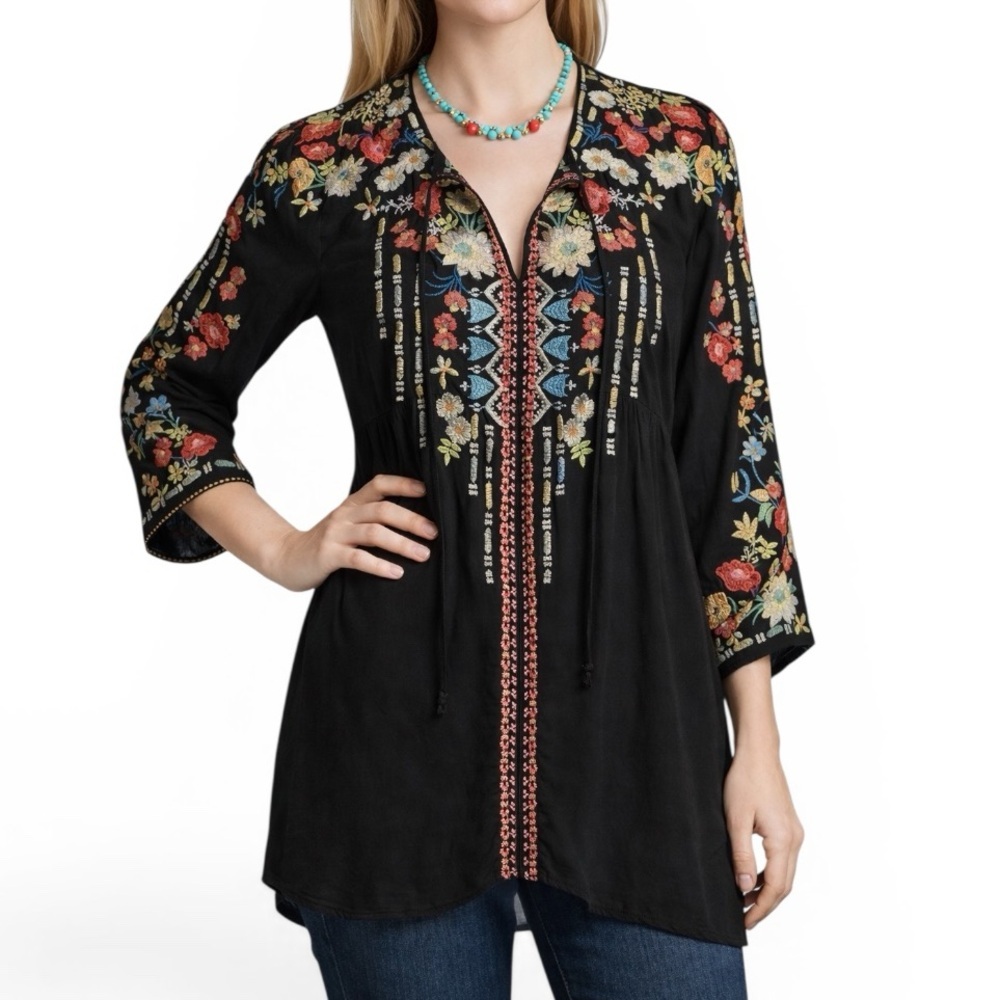 Johnny Was Emily extremely heavily embroidered tie front peasant top/tunic NWT
